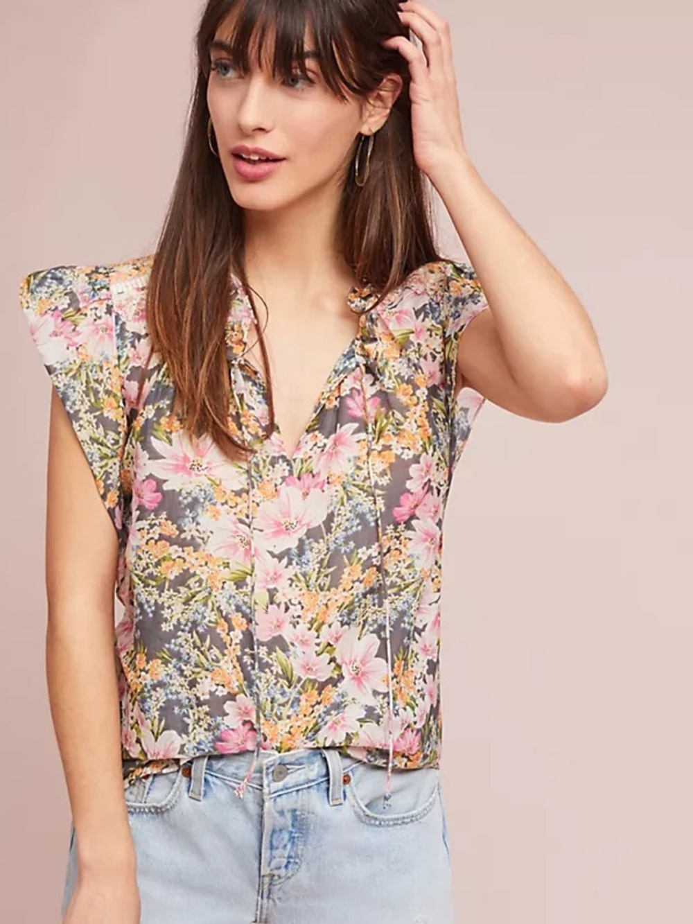 Ranna Gill for Anthropologie Floral Cap-Sleeve V-Neck Blouse. Silk/cotton blend